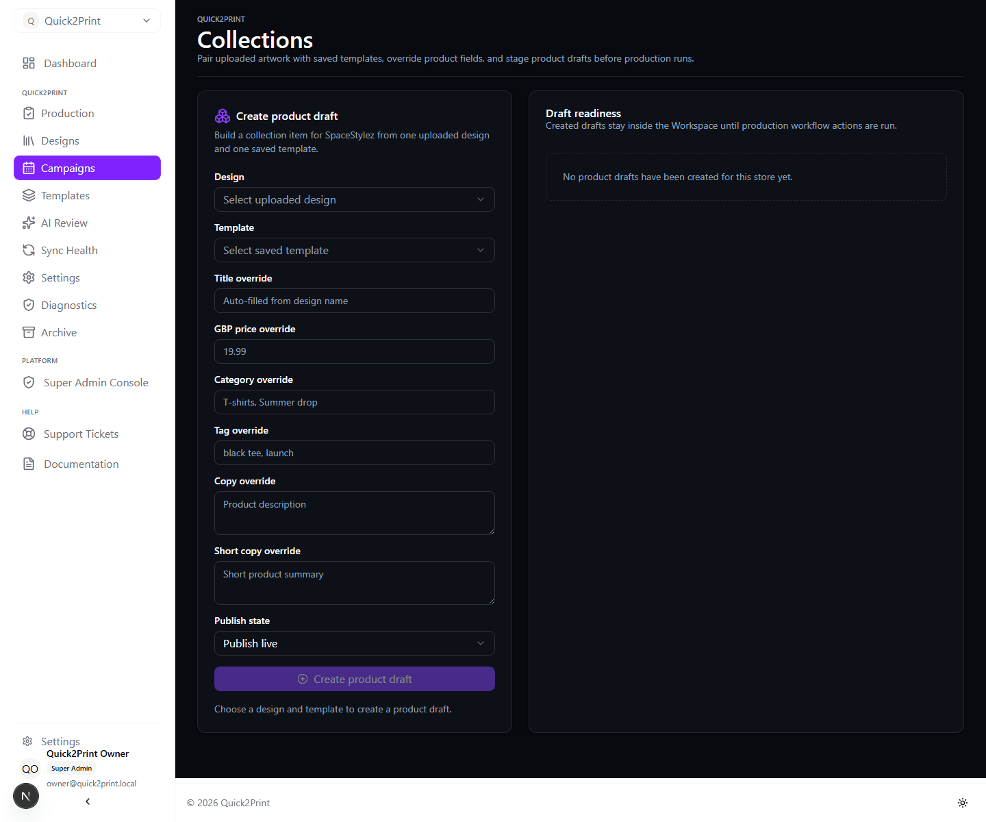 Quick2Print product draft workflow with artwork, template and publishing controls