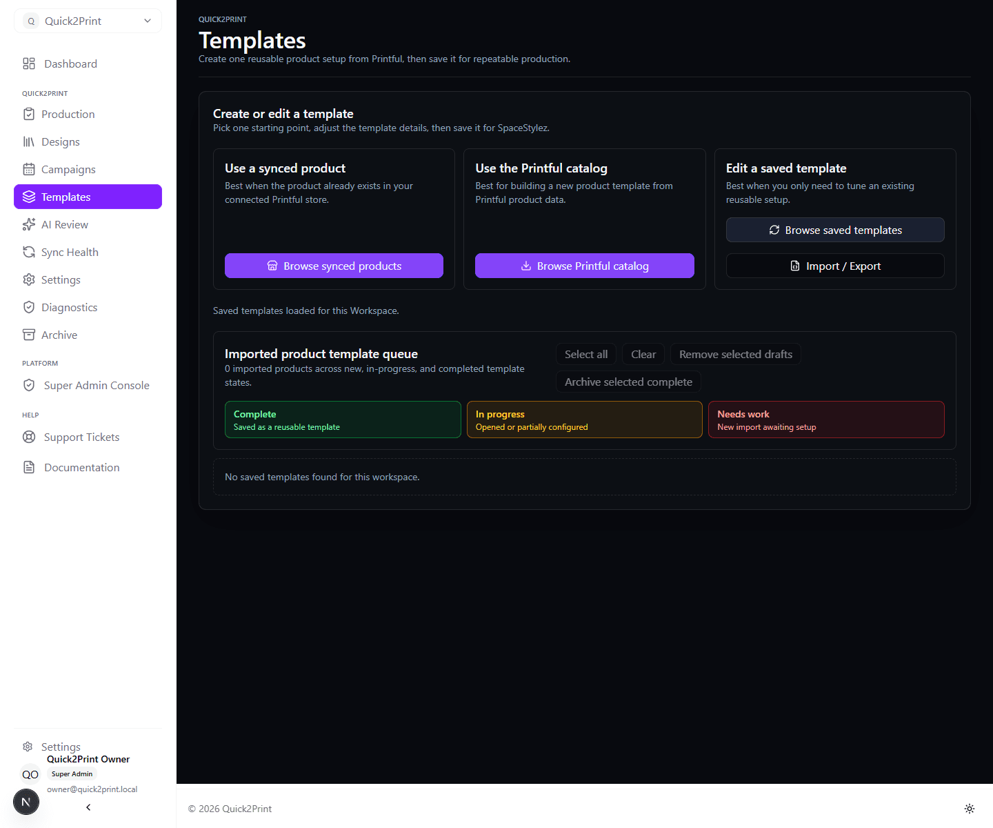 Quick2Print template library showing reusable template creation paths and production states